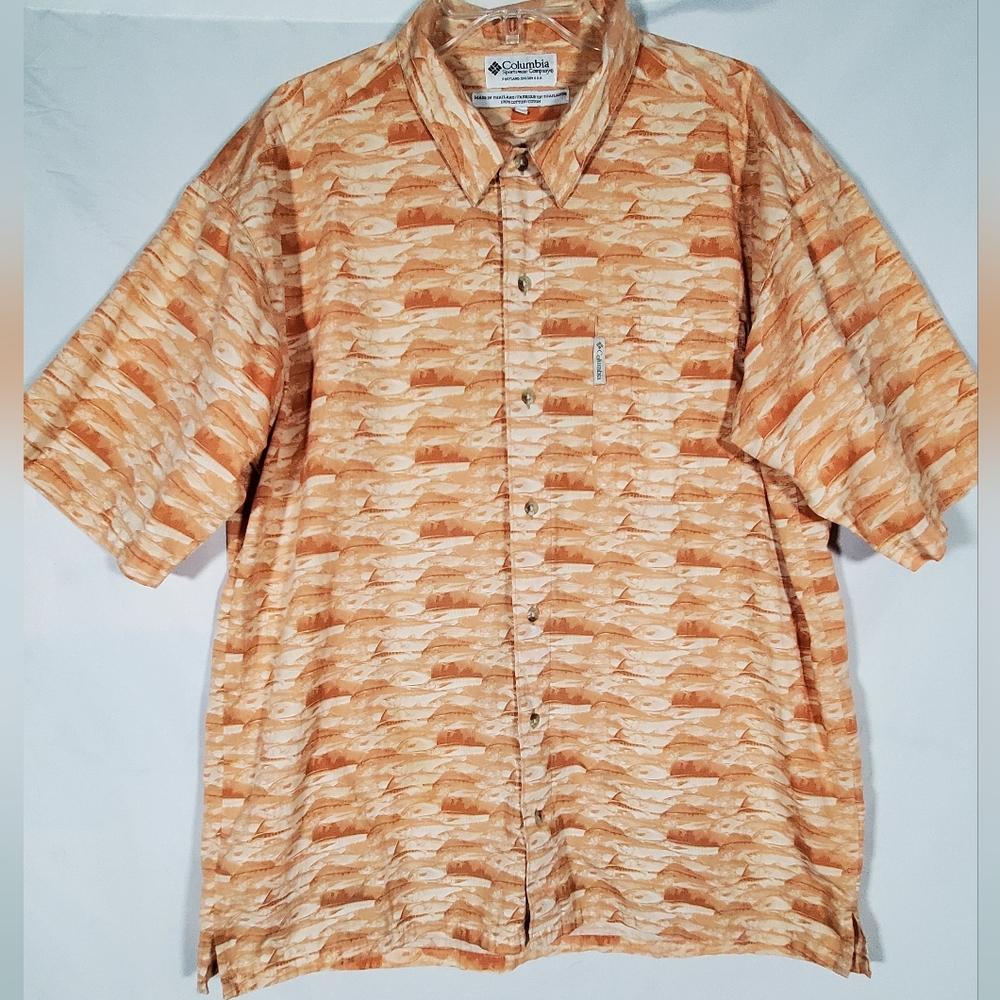 COLUMBIA SPORTSWEAR ORANGE FISH PRINT ALL OVER DEEP SEA FISHING SHIRT MENS XL